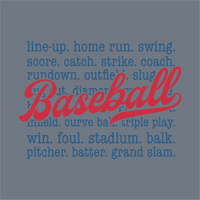 The InkMerge Baseball Word Play DTF Transfer – Ready to Press features baseball terms in blue on a blue background with a bold red cursive 