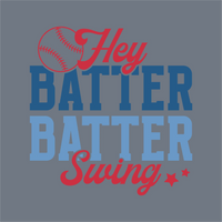 InkMerge’s Hey Batter Batter Swing DTF Transfer – Ready to Press features a red and blue text graphic on gray with a baseball and stars, ideal for any proud baseball mom or fan.