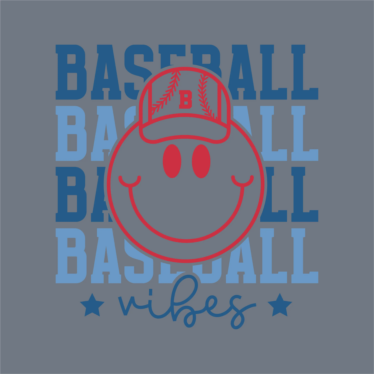 A red smiley face in a “B” cap sits atop blue “BASEBALL” text with stars and “vibes”—the perfect InkMerge Baseball Vibes DTF Transfer – Ready to Press for your next heat press project.