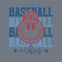 A red smiley face in a “B” cap sits atop blue “BASEBALL” text with stars and “vibes”—the perfect InkMerge Baseball Vibes DTF Transfer – Ready to Press for your next heat press project.