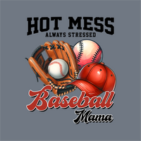 Showcasing InkMerge’s Baseball Mama Always Stressed DTF Transfer – Ready to Press: a glove with ball, red cap, and baseball. 