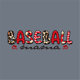 The InkMerge Baseball Mama Pattern DTF Transfer features "BASEBALL mama" in playful, colorful letters with animal print, stripes, baseball stitches, and two small red hearts on a gray background—perfect for custom apparel.
