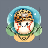 The InkMerge Baseball Mama Cheetah DTF Transfer features a smiling, blushing baseball in a leopard print cap with "Baseball Mama," set on a stylized field—ideal for precut DTF or heat press transfers for every proud baseball mom.