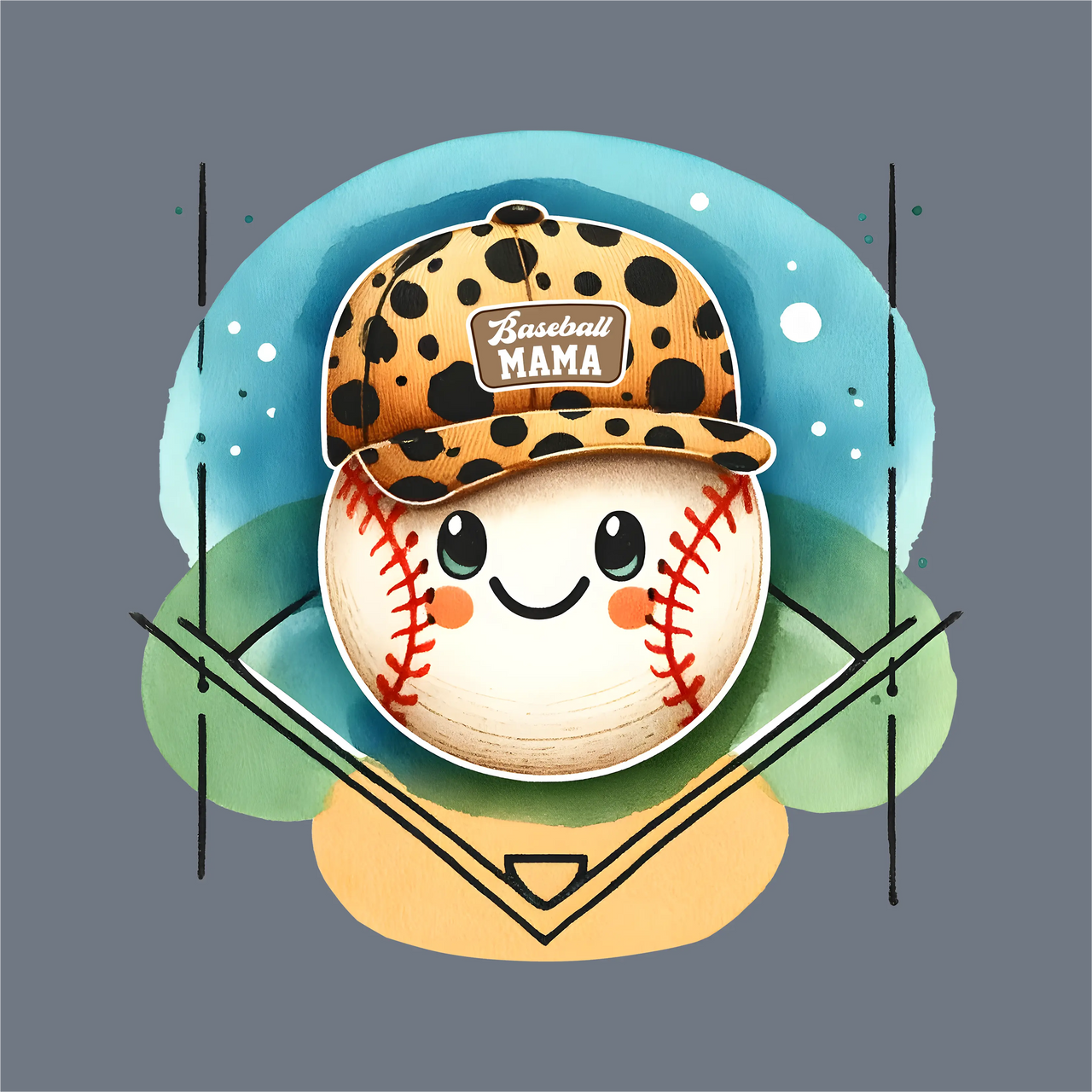 The InkMerge Baseball Mama Cheetah DTF Transfer – Ready to Press features a cute baseball with a smiling face in a cheetah-print cap labeled "Baseball Mama," set against a vibrant baseball field with blue sky and green grass.