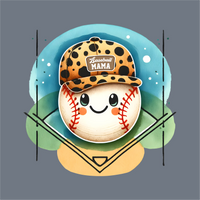The InkMerge Baseball Mama Cheetah DTF Transfer – Ready to Press features a cute baseball with a smiling face in a cheetah-print cap labeled 