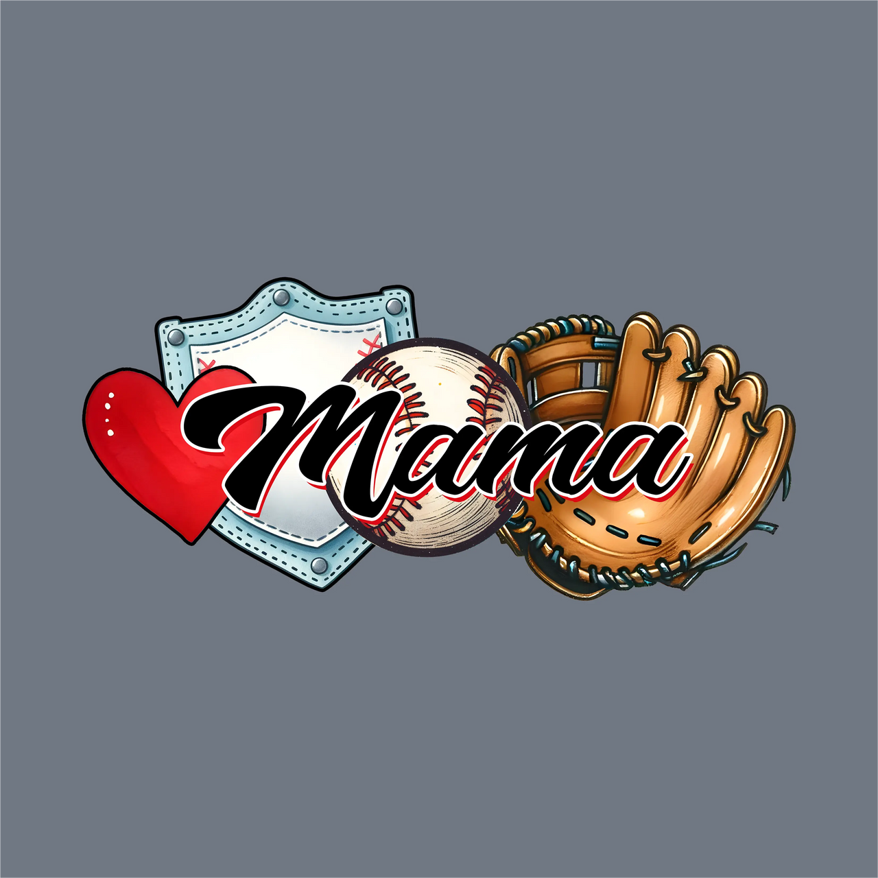Illustration of a red heart, blue home plate, baseball, and glove with "Mama" in bold script—InkMerge's Mama Baseball DTF Transfer – Ready to Press is ideal for baseball mom apparel or crafts.