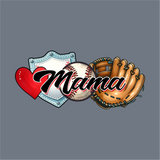 Mama Baseball DTF Transfer by InkMerge features a red heart, home plate, baseball, and glove with "Mama" in bold script on gray—perfect for baseball moms and great for heat press or Precut DTF transfers.