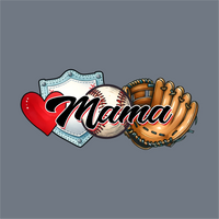 InkMerge Mama Baseball DTF Transfer – Ready to Press: Features a red heart, catcher’s chest protector, baseball, glove, and bold “Mama” script—ideal for baseball mom apparel or ready-to-press prints.