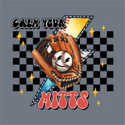 The InkMerge Calm Your Mitts DTF Transfer features a baseball glove holding a smiling baseball with sparkles, set against a checkered background and lightning bolt—ideal for quick heat press or precut DTF transfers.