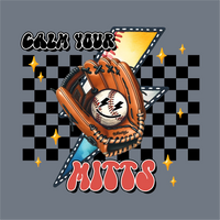 The InkMerge Calm Your Mitts DTF Transfer – Ready to Press features a baseball glove holding a smiling baseball with stars, lightning, and bold text—perfect for retro baseball moms or anyone wanting a vibrant transfer design.