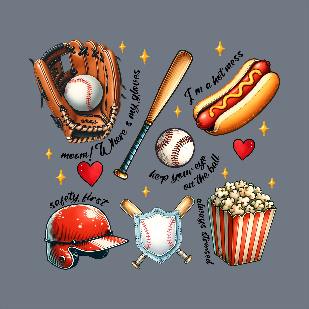 Playful Baseball Elements DTF Transfer – Ready to Press by InkMerge: features a colorful illustration of glove with ball, bat, helmet, popcorn, hot dog & hearts—complete with phrases like "safety first" for every baseball mom!.