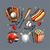 Playful Baseball Elements DTF Transfer – Ready to Press by InkMerge: features a colorful illustration of glove with ball, bat, helmet, popcorn, hot dog & hearts—complete with phrases like 