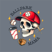The InkMerge Ballpark Mama DTF Transfer features a skull in a red cap with baseball gear and yellow stars, plus "Ballpark Mama" text—ideal for custom apparel. Design appears on a gray background.