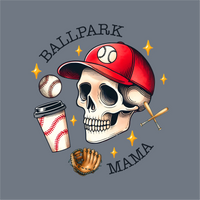Bold gothic graphic featuring a skull in a red cap amid baseball gear and stars with 