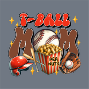 The InkMerge T-Ball Mom DTF Transfer features a colorful graphic with baseball gear and peanuts on gray with yellow sparkles—perfect for T-Ball moms using precut DTF or heat press transfers.