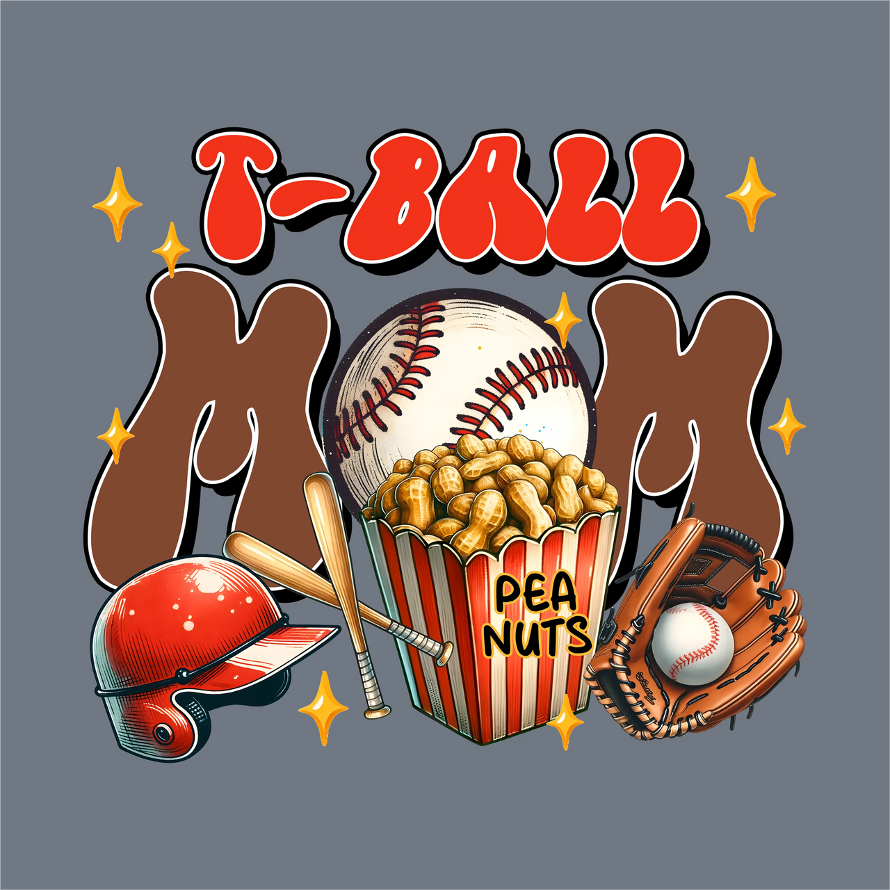 Vibrant InkMerge Ballpark Mama DTF Transfer – Ready to Press features "T-Ball Mom," baseball, red helmet, bats, glove with ball, peanut box, and bright stars on gray—perfect for any sporty mom!.