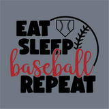 InkMerge's Eat Sleep Baseball Repeat DTF Transfer features bold black and red text with a partial baseball and home plate on gray—ideal for DTF transfer projects and precut designs.