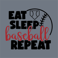 InkMerge’s Eat Sleep Baseball Repeat DTF Transfer – Ready to Press features bold black and red lettering with a baseball and home plate on gray—ideal for custom apparel or as a ready-to-press design.