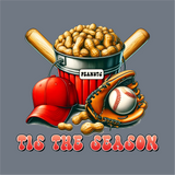 The InkMerge Baseball Mama Tis the Season DTF Transfer features peanuts, a red cap, glove with ball, and crossed bats, with “Tis the Season” at the bottom—ideal for heat press or precut DTF designs.