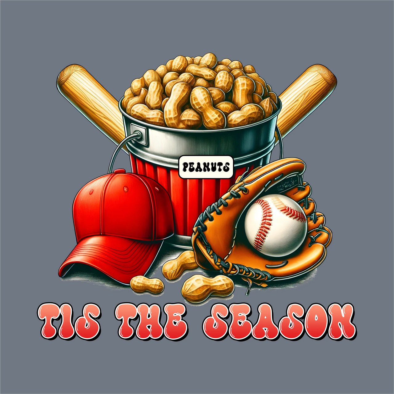 The InkMerge Baseball Mama Tis the Season DTF Transfer – Ready to Press features a bucket of peanuts, red cap, and glove with ball, plus "Tis the Season" text—ideal for baseball moms.