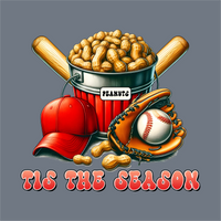 The InkMerge Baseball Mama Tis the Season DTF Transfer – Ready to Press features a bucket of peanuts, red cap, and glove with ball, plus 