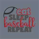 The Dynamic Eat Sleep Baseball Repeat DTF Transfer by InkMerge features a baseball graphic with "Eat" and "Baseball" in red, "Sleep" and "Repeat" in dark gray—ideal for custom apparel using DTF transfers or precut designs.