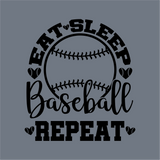 The InkMerge Eat Sleep Baseball Repeat Heart Stitch DTF Transfer features black text on gray with a central baseball graphic and heart accents, perfect for easy Direct-to-Film application to your favorite apparel.