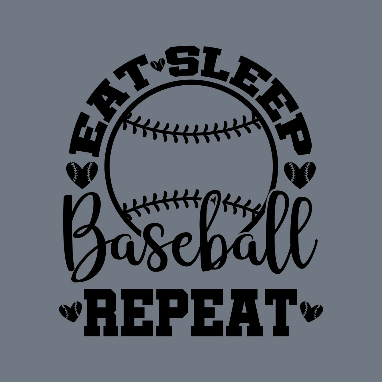 The image shows InkMerge’s Eat Sleep Baseball Repeat Heart Stitch DTF Transfer – Ready to Press, with bold text, a large baseball graphic, heart accents, and a solid gray background—great for any baseball mom.
