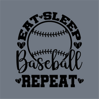 The image shows InkMerge’s Eat Sleep Baseball Repeat Heart Stitch DTF Transfer – Ready to Press, with bold text, a large baseball graphic, heart accents, and a solid gray background—great for any baseball mom.