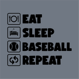 The "Eat Sleep Baseball Repeat Icon Blocks DTF Transfer" by InkMerge features bold icons—a plate, bed, baseball, and repeat symbol—on a gray background, emphasizing the baseball theme in this vibrant precut DTF design.