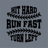 The Hit Hard Baseball DTF Transfer by InkMerge features “Hit Hard, Run Fast, Turn Left” text with baseball stitching graphics—perfect for your next heat press or DTF project.