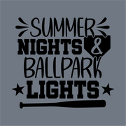 Text graphic on a gray background reads: Summer Nights & Ballpark Lights, featuring lines, stars, home plate, and bat—perfect for custom apparel with the InkMerge Summer Nights & Ballpark Lights DTF Transfer.