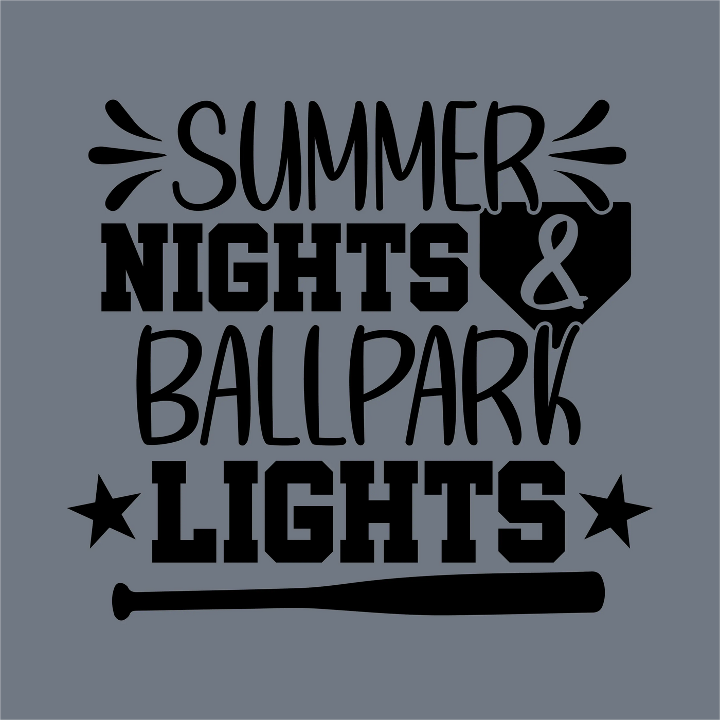 The Summer Nights & Ballpark Lights DTF Transfer by InkMerge features black text, stars, a bat, and an ampersand in a home plate—ideal for customizing apparel with vibrant, detailed designs.
