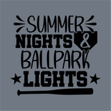 The Summer Nights & Ballpark Lights DTF Transfer by InkMerge features black text, stars, a bat, and an ampersand in a home plate—ideal for customizing apparel with vibrant, detailed designs.