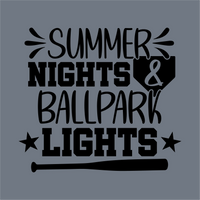 The InkMerge Summer Nights & Ballpark Lights DTF Transfer – Ready to Press features black text on gray, stars, a home plate, and bat graphic—ideal for game day apparel or as a fun baseball mom transfer.