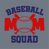 Show your team pride with InkMerge’s Baseball Mom Squad DTF Transfer—featuring MOM in red, a baseball “O” with red stitching, crossed bats, and navy BASEBALL SQUAD text on gray. Great for DTF transfer or heat press application!.