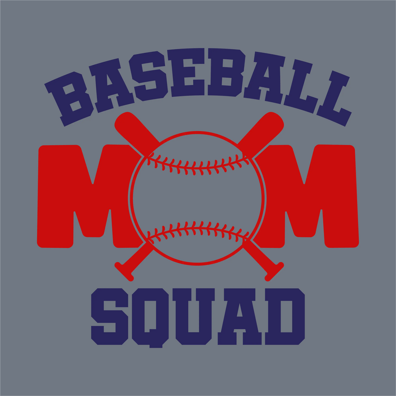 InkMerge’s Baseball Mom Squad DTF Transfer – Ready to Press features bold "MOM" in red with a baseball and bats as the O, plus blue "Baseball" and "Squad." Perfect for game-day apparel!.