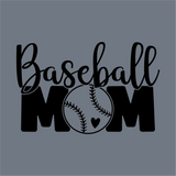 The InkMerge Baseball Mom Bold Blocks DTF Transfer features "Baseball Mom" in bold letters with the O in MOM as a baseball with a heart, perfect for custom apparel or DTF projects. The design is set on a gray background.