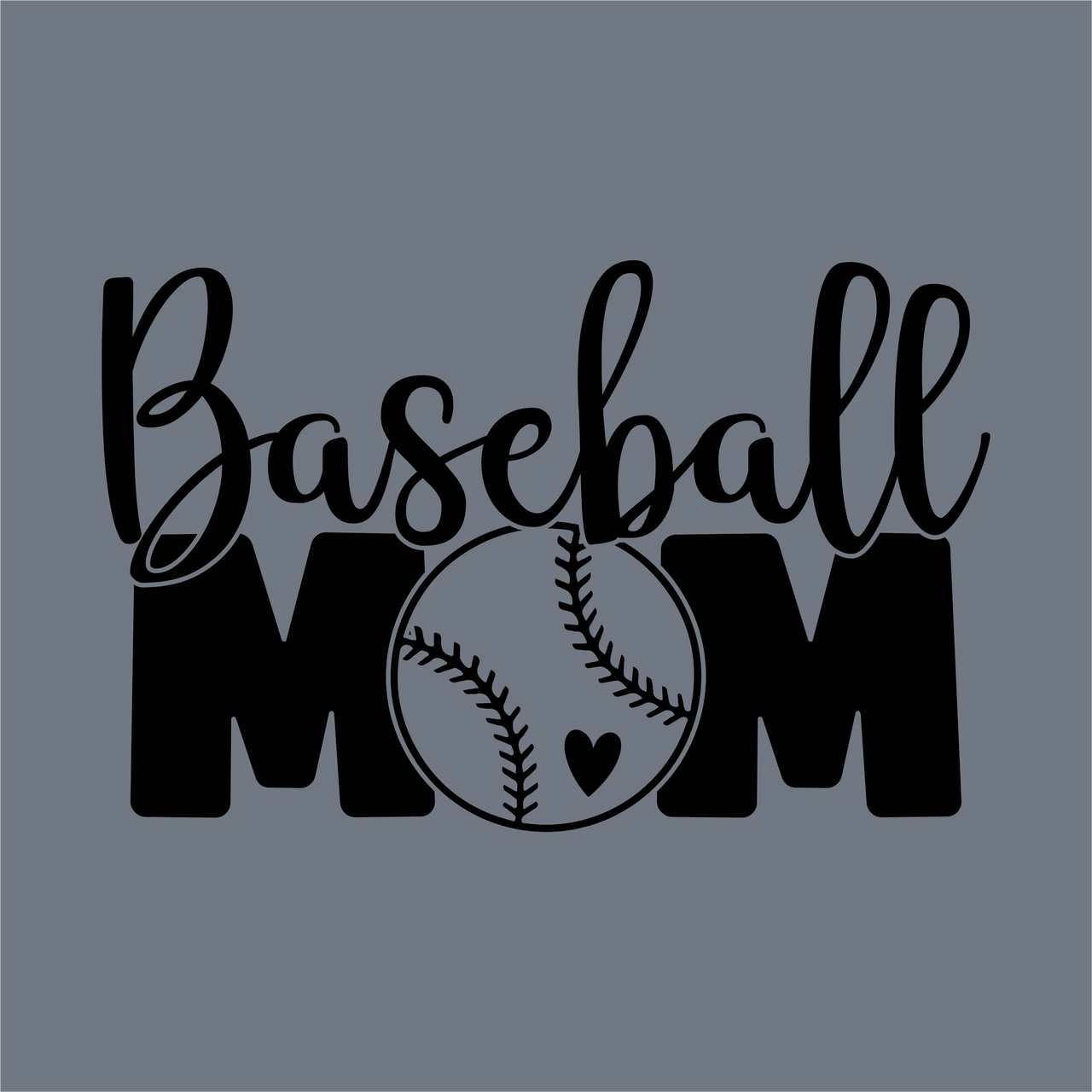 The image showcases InkMerge's Baseball Mom Squad DTF Transfer – Ready to Press, featuring "Baseball Mom" in bold black letters with a baseball-heart graphic for the "O," set on a gray background—perfect for game-day apparel.