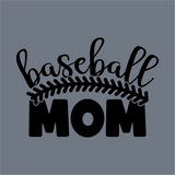 The image features InkMerge’s Baseball Mom Script Arch DTF Transfer, with "baseball" in cursive above bold "MOM," separated by an arched baseball stitch. Precut and perfect for custom apparel, it stands out against a gray background.