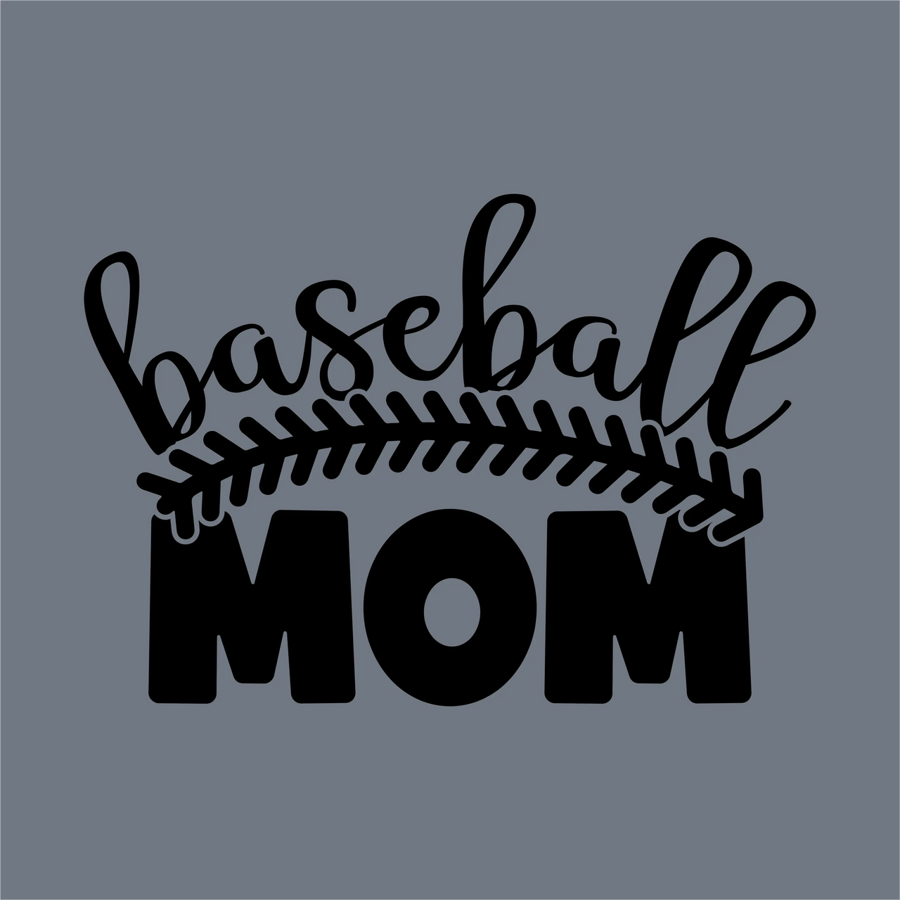 The image shows the InkMerge Baseball Mom Bold Blocks DTF Transfer – Ready to Press, featuring "baseball" in cursive over bold "MOM" and a curved baseball seam, with a gray background ideal for heat press projects.