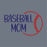 The image features the words BASEBALL MOM in bold blue letters with a red baseball seam on gray—a perfect InkMerge Baseball Mom Curve Stitch DTF Transfer for your next heat press project.