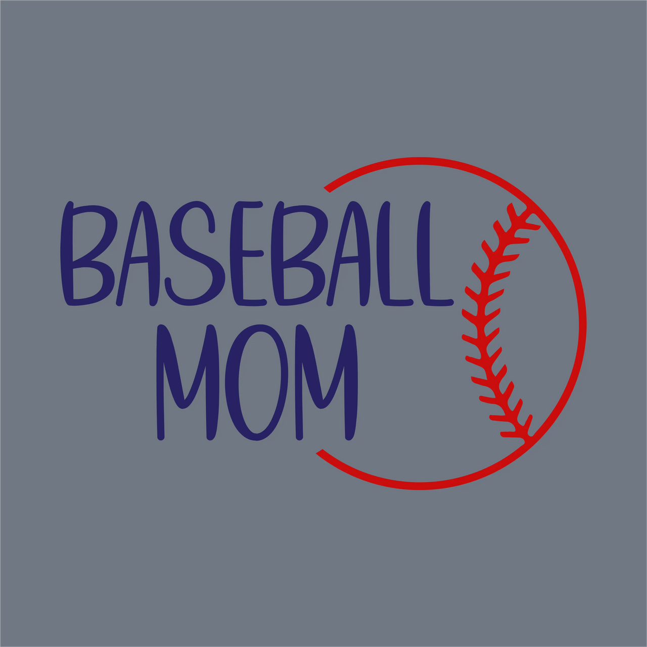 The InkMerge Baseball Mom Curve Stitch DTF Transfer – Ready to Press showcases bold blue “Baseball Mom” text with a red curve stitch baseball graphic on gray, ideal for easy application.