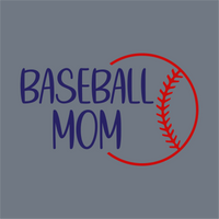 The InkMerge Baseball Mom Curve Stitch DTF Transfer – Ready to Press showcases bold blue “Baseball Mom” text with a red curve stitch baseball graphic on gray, ideal for easy application.