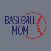 The InkMerge Baseball Mom Curve Stitch DTF Transfer showcases "Baseball Mom" in bold navy blue, accented with a red curved baseball seam on gray—ideal as a ready-to-press DTF design for your heat press projects.