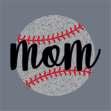 The InkMerge Textured Baseball Mom Script DTF Transfer features "mom" in bold black script over a gray, textured baseball with red stitching on a plain gray background—ideal for baseball moms.