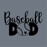 The InkMerge Baseball Dad Script Block DTF Transfer showcases a black cursive and block font on gray, with a baseball forming the "O" in DAD and a heart accent—ideal for direct-to-film or precut, ready-to-apply transfers.