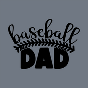The Baseball Dad DTF Transfer by InkMerge showcases "baseball" in a script font and "DAD" in bold block letters, with a stitched baseball graphic below—all on a gray background. Ideal for custom apparel and perfect for precut DTF designs.