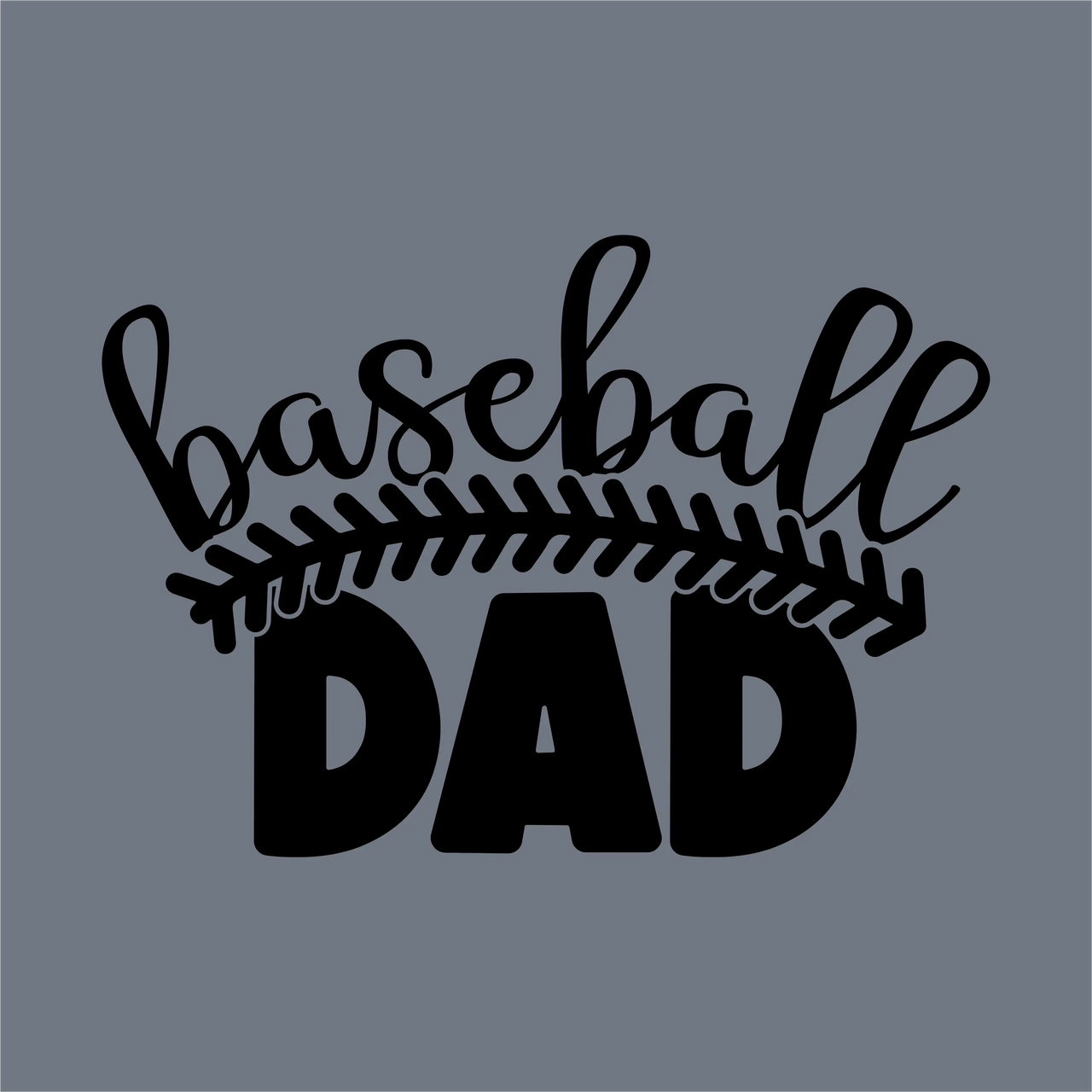 The InkMerge Baseball Dad DTF Transfer – Ready to Press features bold, stylized "baseball DAD" text with a curved seam graphic beneath, set on a gray background for easy application.