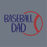 The Baseball Dad Half-Stitch DTF Transfer by InkMerge shows "Baseball Dad" in bold blue with a red half baseball and visible stitching on gray—ideal for heat press transfer projects.